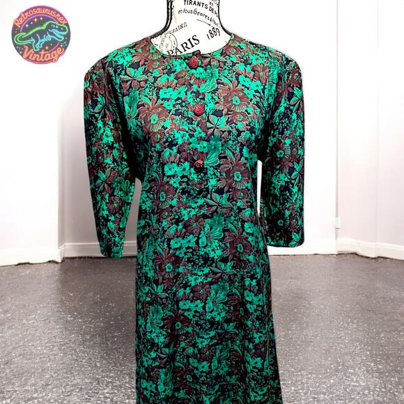 Vintage Rockabilly Mod Retro Green Floral Day Swing Dress, Plus Size - Picture 2 of 7